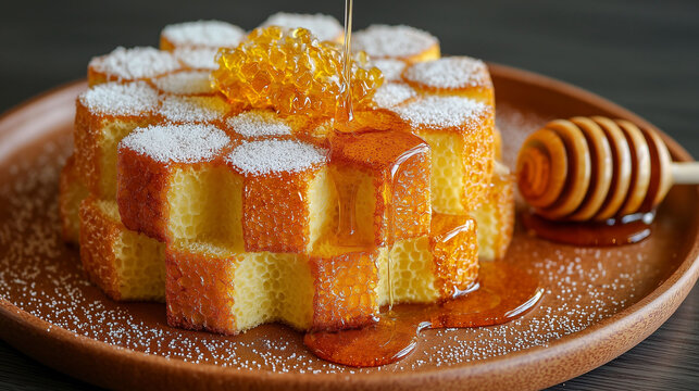 Sweet honey pouring over a geometric honeycomb pattern dessert with powdered sugar on a wooden tray