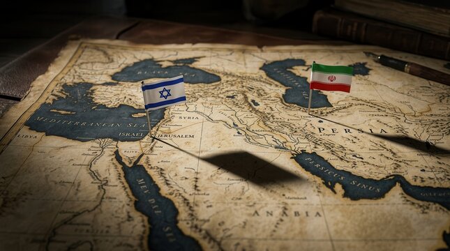 Israel Iran flags on antique Middle East map