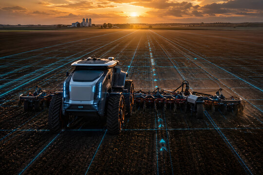 Futuristic autonomous electric tractor cultivating farmland with holographic GPS grid at sunset, showcasing AI precision agriculture, smart farming technology and advanced automation.
