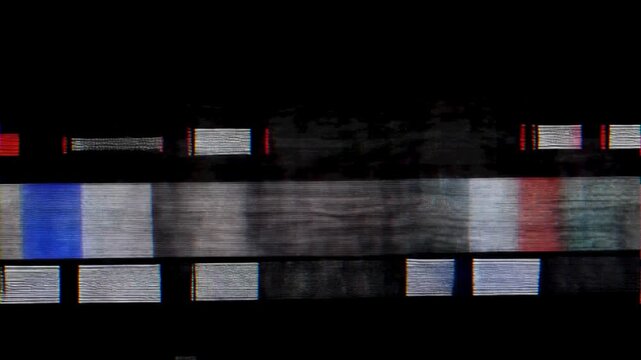 RGB television error bars with VHS analog glitch distortion, retro broadcast interference, and noisy digital transition background