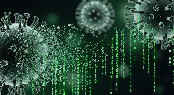 Digital virus particles breaking apart into binary code on a dark background