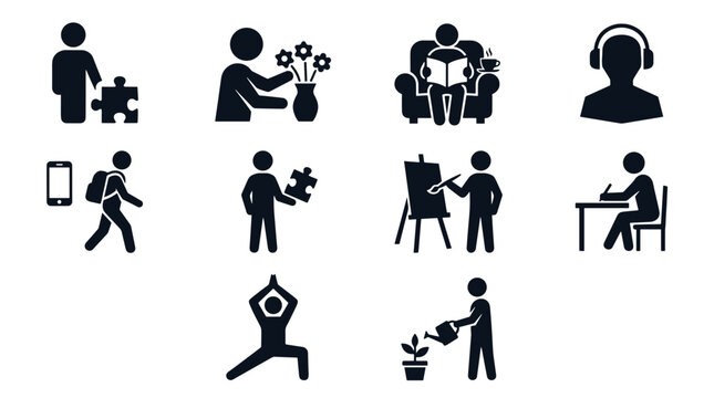 Collection of black and white icons representing various activities and professions