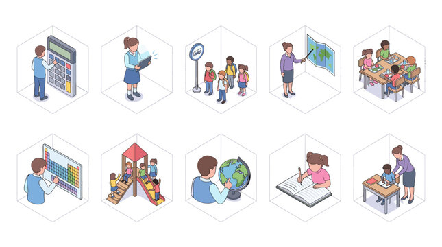 Set of illustrations showing children and adults engaging in learning activities
