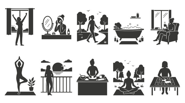 Collection of black and white illustrations of various household activities