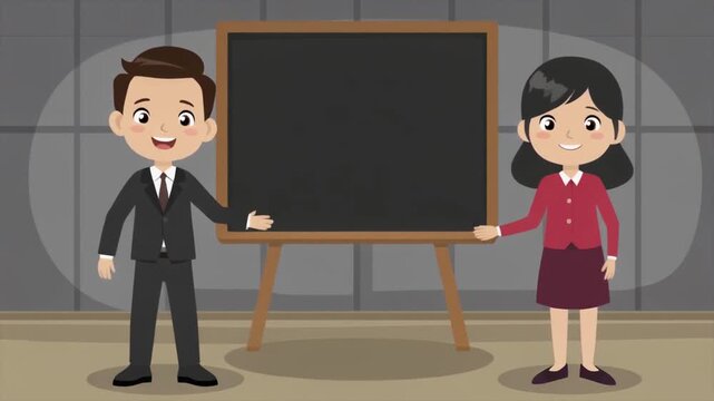 Cute cartoon male and female teachers presenting in front of blackboard