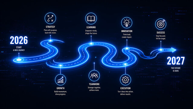 Futuristic business roadmap for 2026 to 2027, glowing blue digital timeline with strategy icons, corporate growth and innovation path concept isolated on White Background