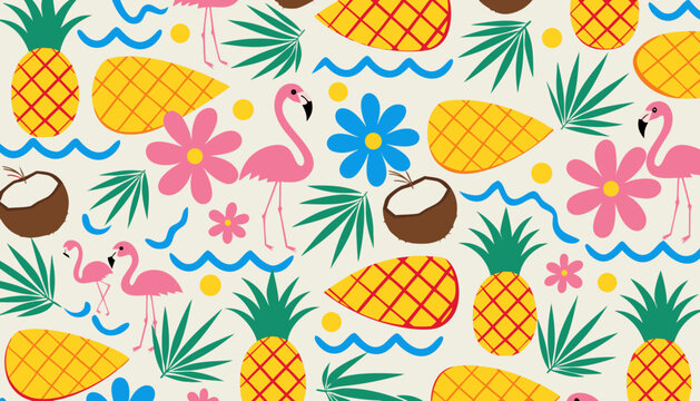 Seamless vector pattern with tropical summer elements, flamingo, pineapple and coconut