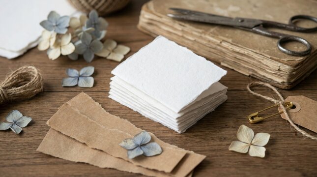 Neat stack of white handmade paper with deckle edges placed near a worn antique book, rusty scissors, and blue dried flowers on a wooden surface, concept of traditional craft and workshop