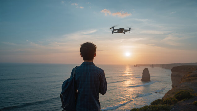 夕暮れの海辺で日本人がドローンを飛ばして空撮する写真