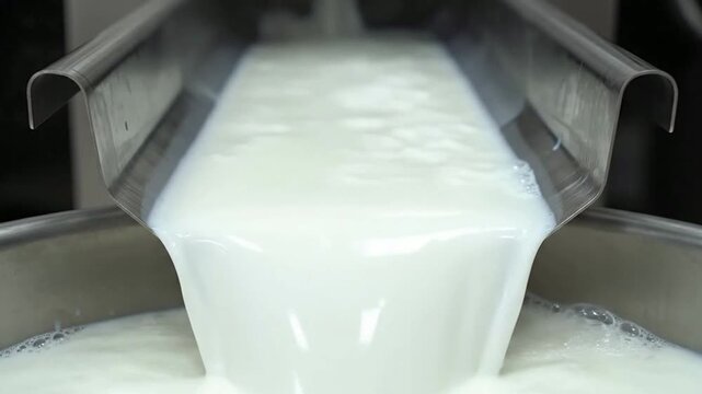 Fresh Milk Flowing From Conveyor In Dairy Processing Plant Close-Up Shot Of Liquid Dairy Production Process