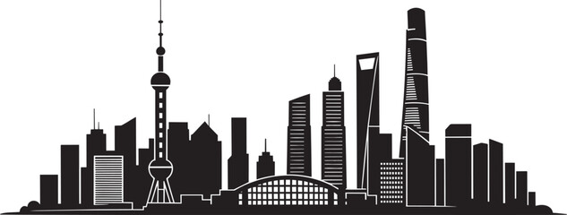 Naklejka premium Modern city skyline silhouette with diverse skyscrapers and iconic tower, vector illustration and buildings, architecture, and high rise