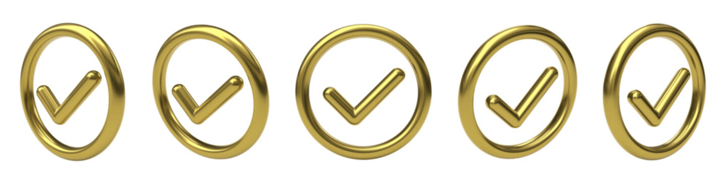 Vector set of golden checkmark, tick in a ring shown from different angles. Glossy symbol, isolated 3d render. Luxury gold 3d icon symbol for accept, done, correct, verified, yes, right choice.