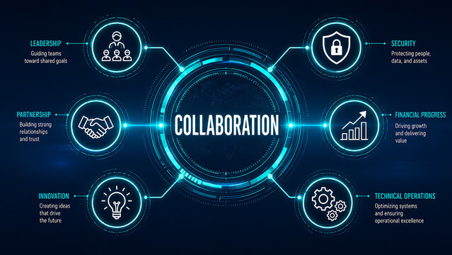 Business collaboration infographic concept, digital corporate strategy diagram, futuristic leadership and innovation network with glowing icons isolated on White Background