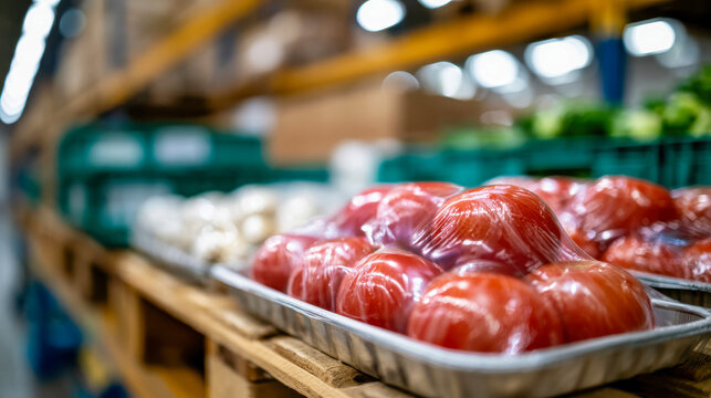 Wrapped red tomatoes stored on pallets inside a warehouse, showing fresh produce packaging, storage, and food supply logistics