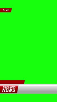 Animated broadcast overlay with breaking news and live label. Vertical format with green background for compositing.