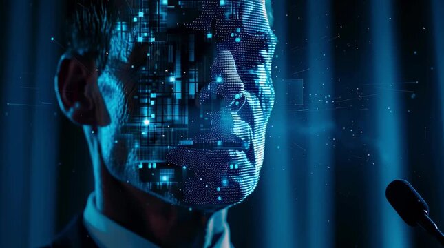 A close up cinematic footage of a man with glowing blue holographic data particles overlaying his face. Concept of artificial intelligence, cybernetic avatar, and face recognition.