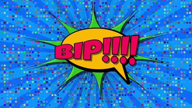 Vibrant Comic Book Style Animation Featuring The Word Bip In Bold Colorful Text Inside A Jagged Green Burst And Yellow Speech Bubble, Set Against A Dynamic Blue Sunburst Background With Multi-
