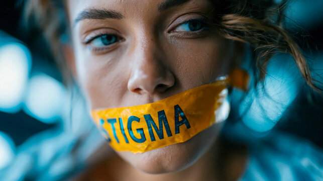 Close-up portrait of woman with stigma tape over mouth, symbolizing silence, social pressure, shame, discrimination, and mental health awareness