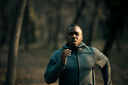 Athletic man training on forest trail