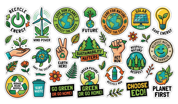 Recycled green energy vintage globe sticker vector set with eco environmental protection collage elements in colorful cartoon flat style isolated on white background