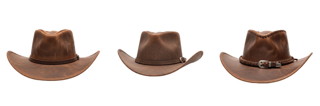 Classic Brown Leather Cowboy Hat Classic Fedora PNG Set, Western American Heritage Accessory Object Element for Fashion, Travel, and Outback Adventure Designs