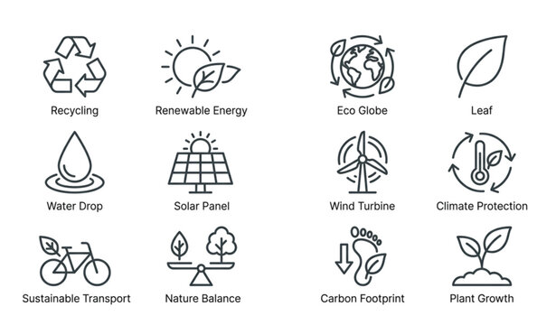 Ecology and environment line icon collection in modern minimal outline style for sustainability climate and global nature balance isolated on white background