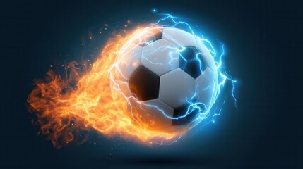 Naklejka premium Glowing soccer ball with fire flames and blue lightning streaks.