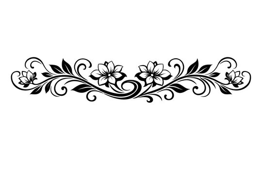 A symmetrical floral divider with elegant leaves and blooming flowers in a clean black and white line art style