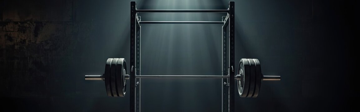 A dark, moody scene of a weightlifting rack featuring a barbell with plates, illuminated by a spotlight