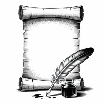 A vintage-style blank parchment scroll placed vertically, accompanied by an inkwell and a quill pen