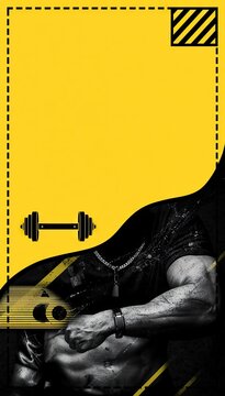 Fitness-themed design with bright yellow upper section featuring barbell icon and lower section showing muscular arm holding dumbbell