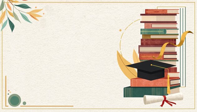 Decorative academic-themed illustration with a stack of books, graduation cap, and diploma on a textured beige background with leafy border