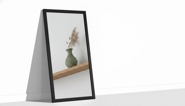 Minimalist mirror displaying green vase with dried flowers on shelf  
