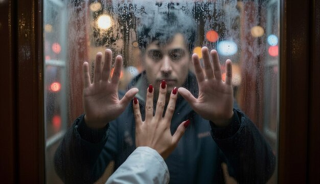 Young man and woman touching hands through glass in a rainy setting  