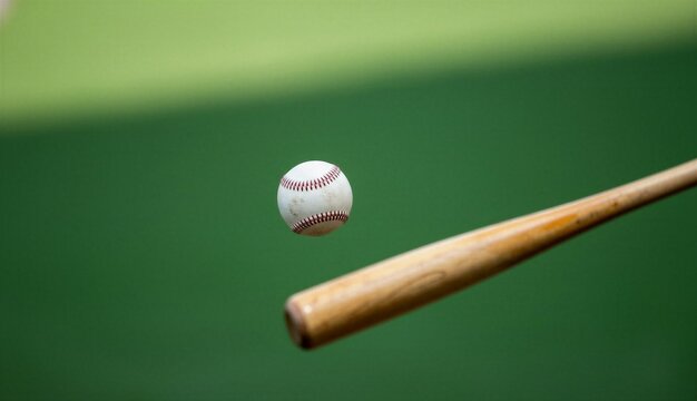 Baseball bat striking a ball in motion against a green background  