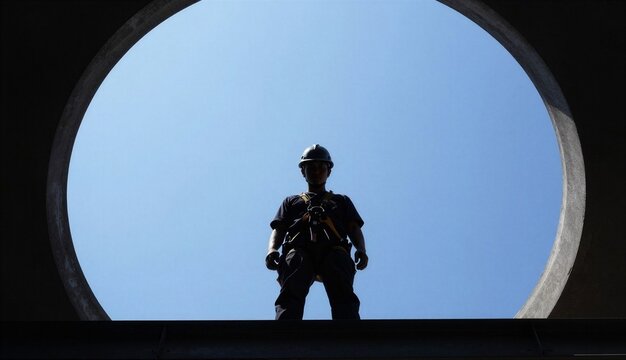Construction worker standing in circular opening under blue sky  