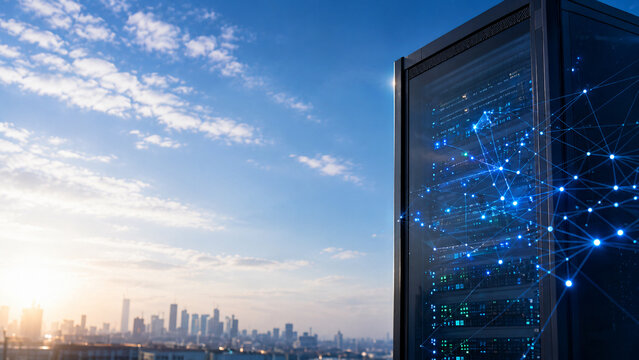 Modern server on rooftop with city skyline and digital network