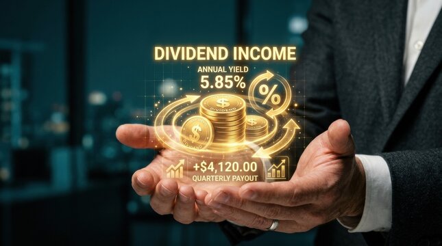 Hands are holding a holographic display showing dividend income and quarterly payout in a modern business environment at night.