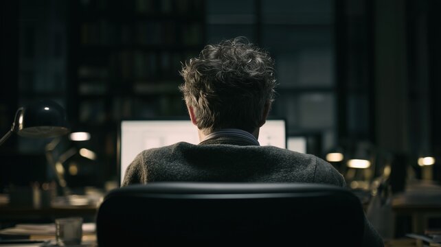 パソコンの画面を見つめる男性の後ろ姿。オフィスでの夜間作業や集中シーンに適したビジネスイメージ