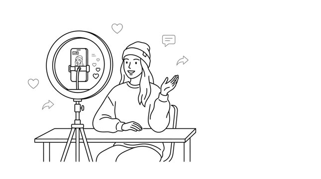 Illustration of a content creator with a ring light and camera, ready to film and engage with her online audience and social media followers