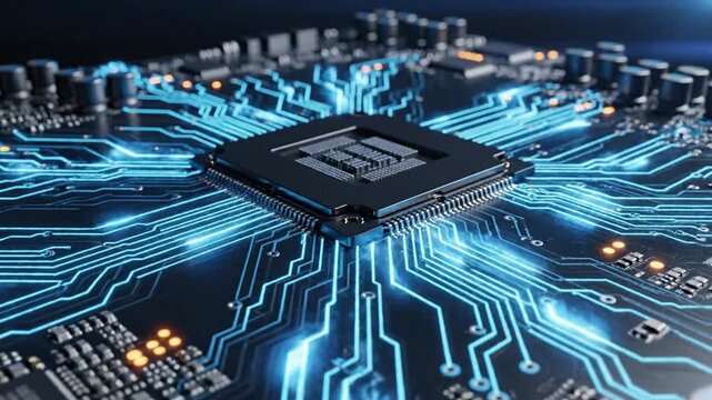 Modern c p u chip on tech digital circuit board with glowing blue lines neon light effect 3 d animation futuristic technology concept