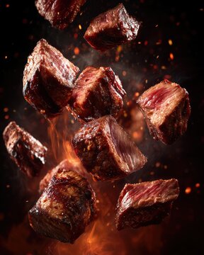 ジューシーな焼き肉の一口サイズの塊が炎の中で浮かんでいる。グルメ料理やバーベキューの広告やメニューに最適なイメージ