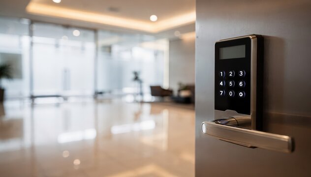 Medium shot of a keypad door with the main panel in sharp focus blurred background highlights secure entry in a modern building lobby.