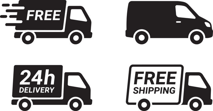 Delivery truck and free shipping icon collection featuring express transport, courier service and logistics symbols for ecommerce branding