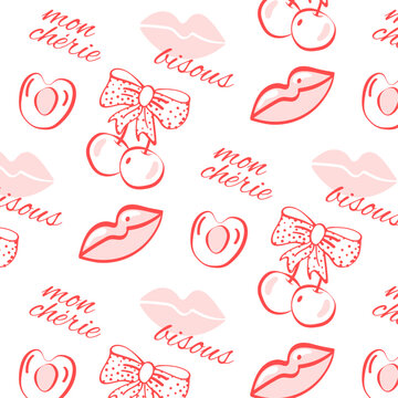 Coquette aesthetic seamless pattern - romantic pink and white background with cherries, bows, lips and vintage bisous mon cherie typography for fabric, wallpaper and wrapping paper design