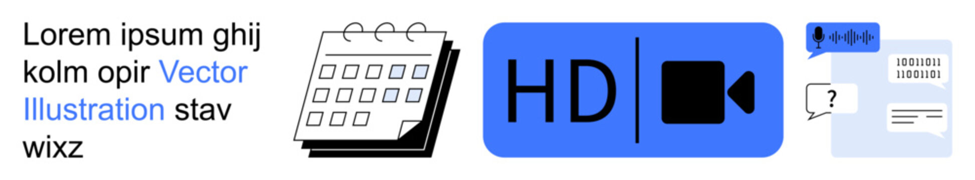Time management, digital media, online communication, scheduling tools, content creation, documentation. Features a calendar, HD video icon message and paper. Time management and digital media