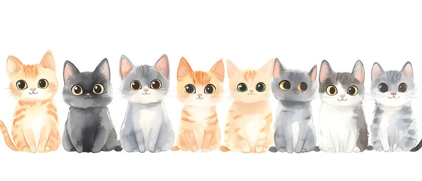 Group of Kittens in Watercolor Style: A charming collection of adorable kittens, each with unique patterns and endearing expressions, rendered in a soft watercolor artistic style.