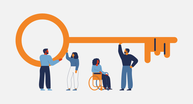 People are the key to success. Men and women hold big gold key together. Human capital and business growth. investing in employees.  vector illustration