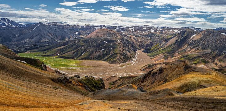 Landscape panorama, Dramatic volcanic landscape, Colourful erosion landscape with mountains, Lava field, Landmannalaugar, Fjallabak nature reserve, Su&eth;urland, Iceland