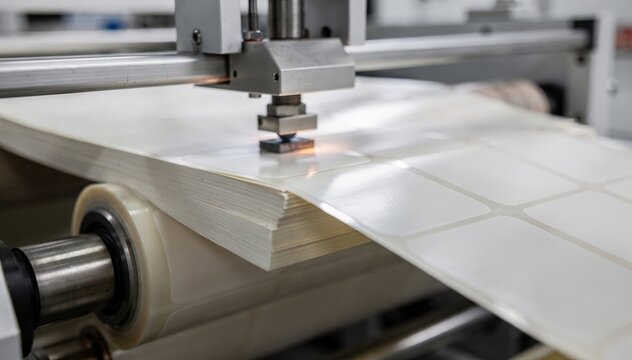 Closeup medium view of an automated machine laminating shipping labels with silicone liner highlighting texture and material quality during production.